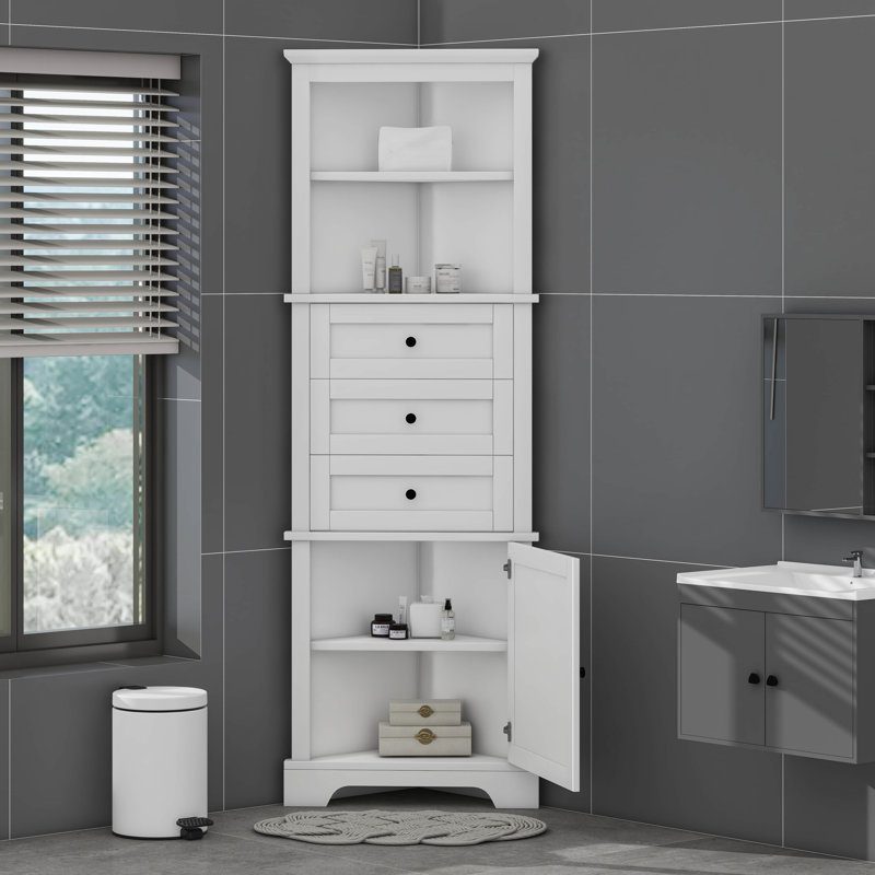 Armoire haute triangulaire avec 3 tiroirs et tablettes réglables