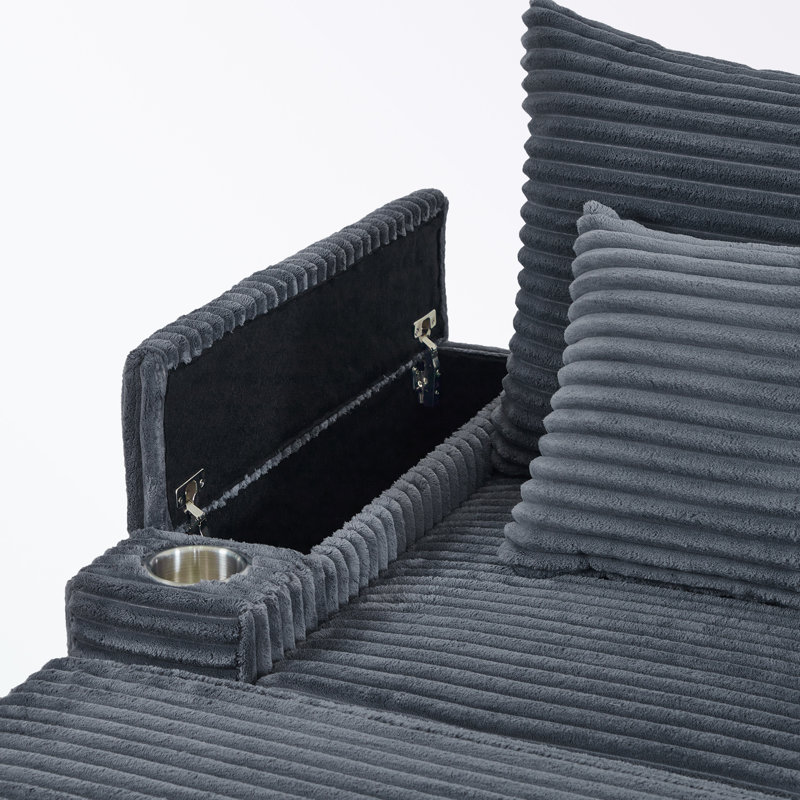 Canapé simple avec porte-gobelet et repose-pieds, Velours côtelé gris