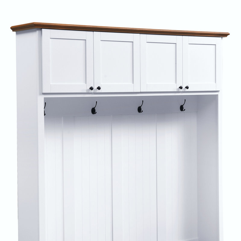 59''W Entryway Hall Tree With Bench And Storage, Farmhouse Wood-Grain Accent 4-In-1 Hall Tree With Cabinets, Coat Racks And Hooks For Hallway, Entryway, Living Room And Mudroom