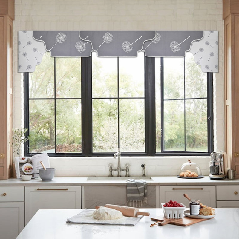 Gray and Floral Cotton Arched Valance Kit with Rod Pocket
