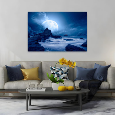 Couple sous la pleine lune, art mural côtier dramatique et mystérieux