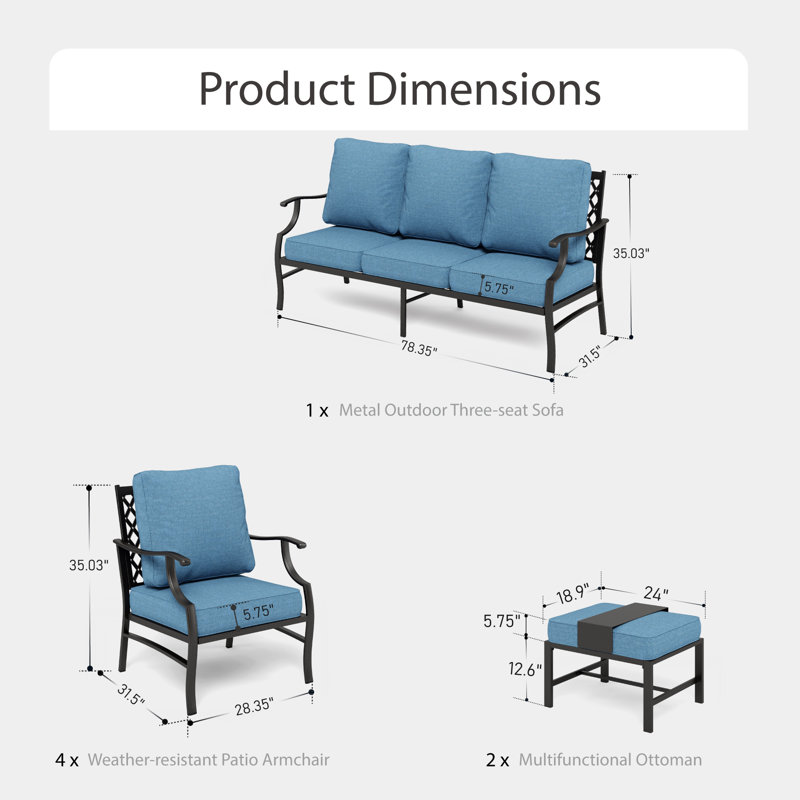 Asfand 9 - Person Outdoor Seating Group with Cushions, Denim Blue