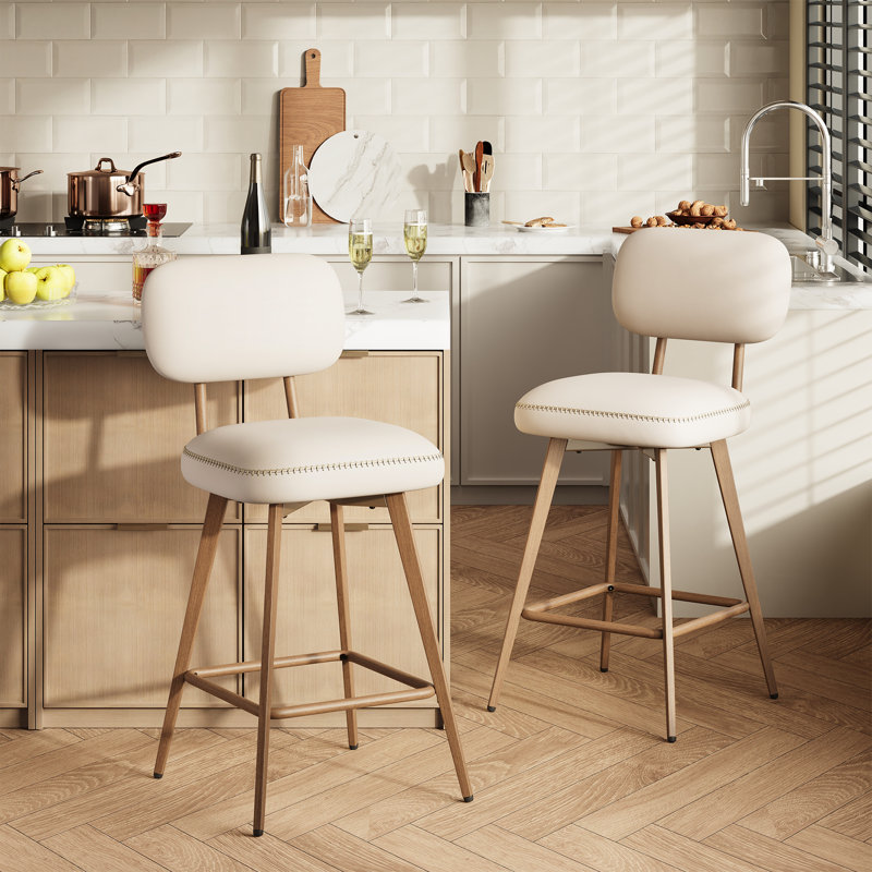 Upholstered Counter Stool with Metal Frame, Beige