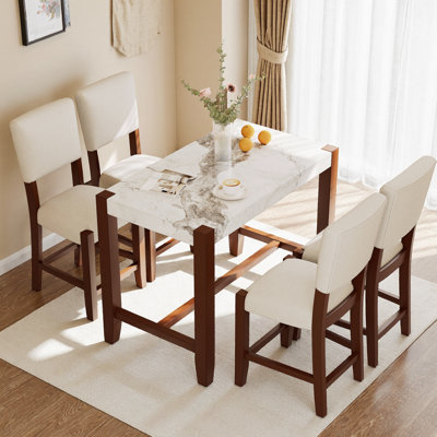 Ensemble de table de salle à manger 5 pièces à hauteur de comptoir, table de bar en faux marbre et 4 chaises rembourrées, ensemble de salle à manger moderne de style Mid-Century pour la salle à manger, cuisine de pub, petite place