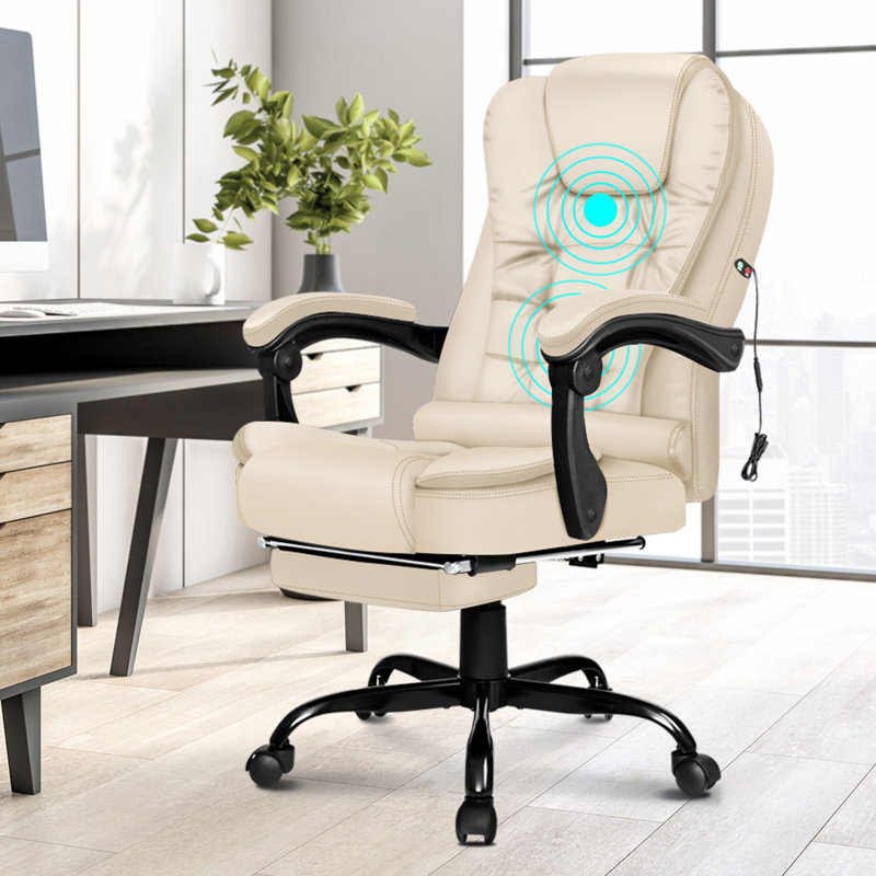 Massage Office Chair With Footrest Executive Gaming Seat PU Leather, Cream