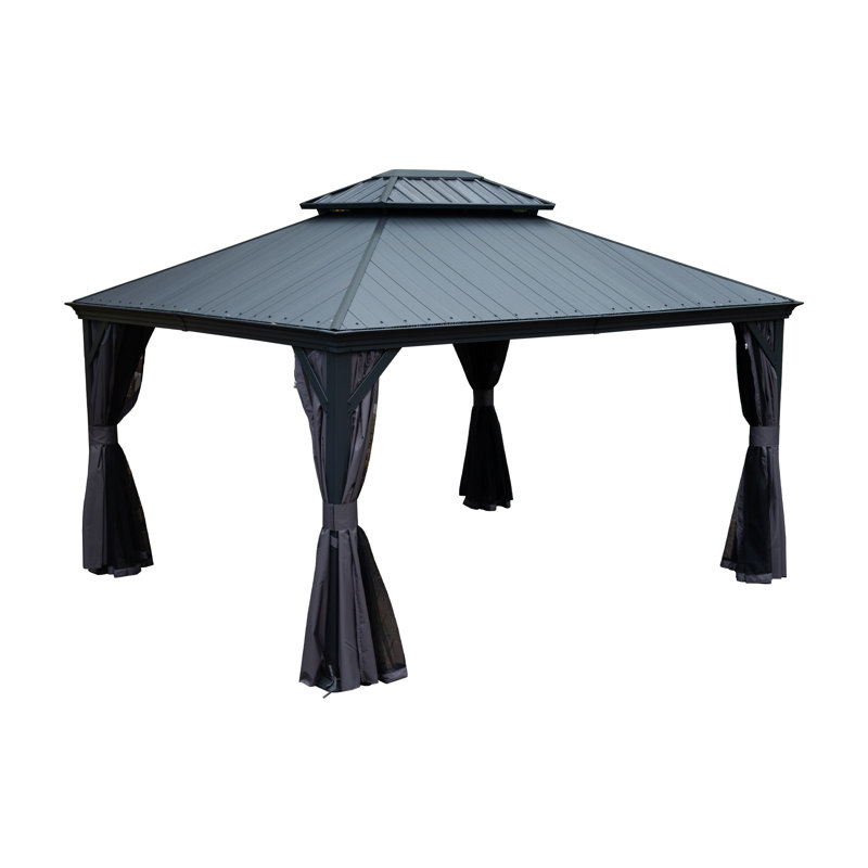 Hardtop Gazebo With Resin Roof, Outdoor Metal Gazebo With Drainage Gutters, Permanent Heavy Duty Pavilion For Patio, Backyard And Deck, Curtains And Mosquito Netting Included