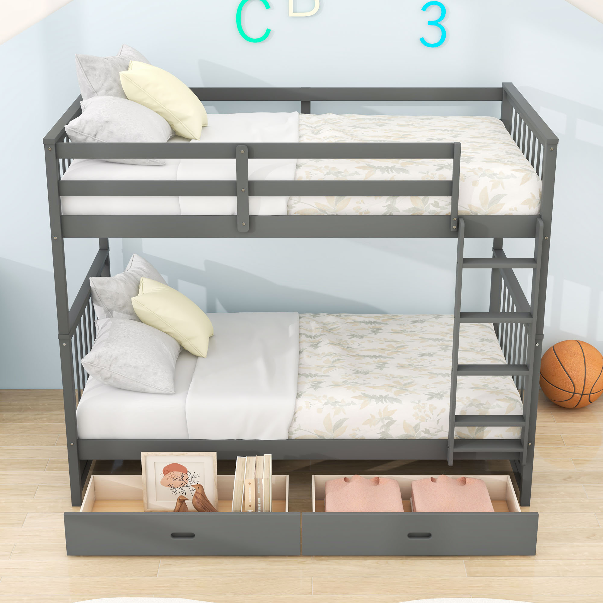 Harriet Bee Twin Over Twin Wooden Bunk Bed With Storage Drawers And ...