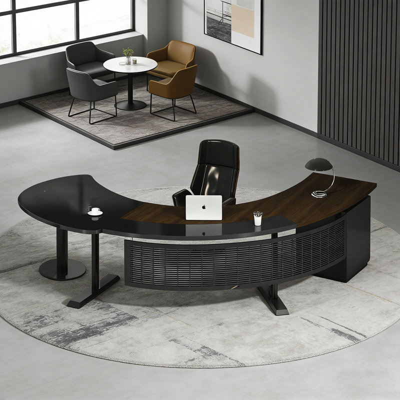 Bureau brun minimaliste irrégulier avec plateau incurvé, rangement multifonctionnel et structure stable, brun