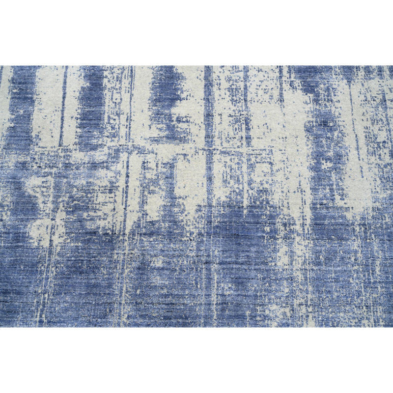 Tapis argent et bleu noué à la main de haute qualité, Rectangle de 2 pi x 3 pi