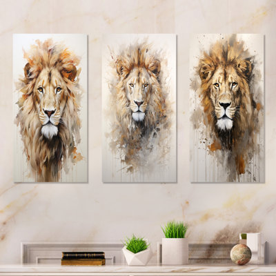 Powerful Lions Stare Portrait - Lion Metal Wall Art Living Room Set Of 3