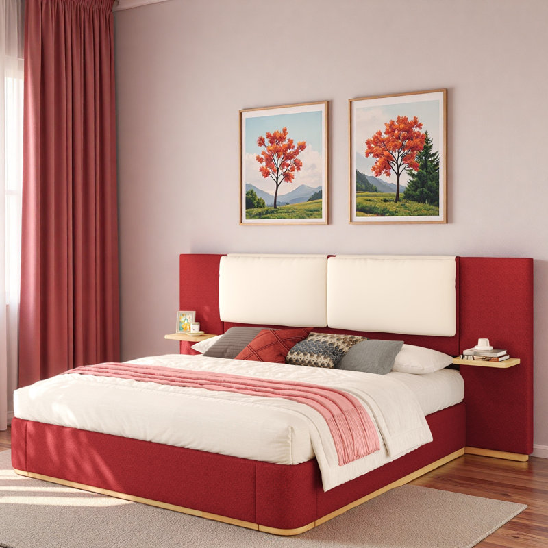 Lit plateforme tapissier avec tablettes, Grand lit, Rouge / Beige