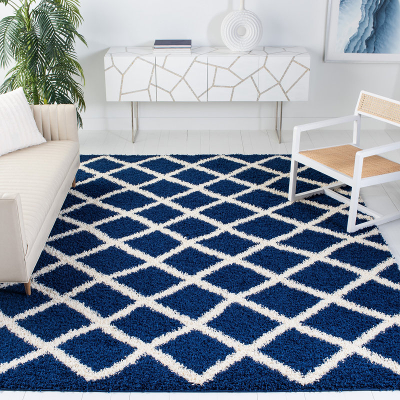 Tapis d'intérieur / extérieur bleu marine / blanc Albertha, Rectangle 8 pi x 10 pi