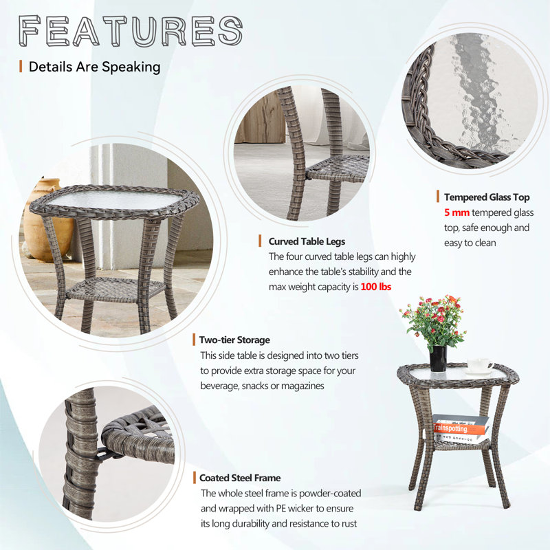 Outdoor Square Wicker Rattan Side Table With Built-In Glass, Brown