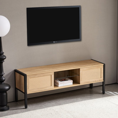 Meuble télé 52,97 po avec pieds élégants, pieds en métal, tablette réglable, bande de soutien de 16 couleurs pour l'intérieur du salon, portes coulissantes doubles