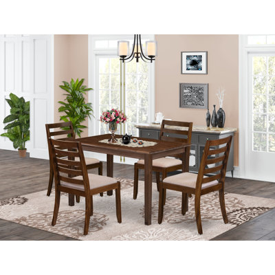 Kitchen table set consists of a breakfast table with Antique Walnut top and stackable chairs with Light Tan Polyester Fabric - Antique Walnut