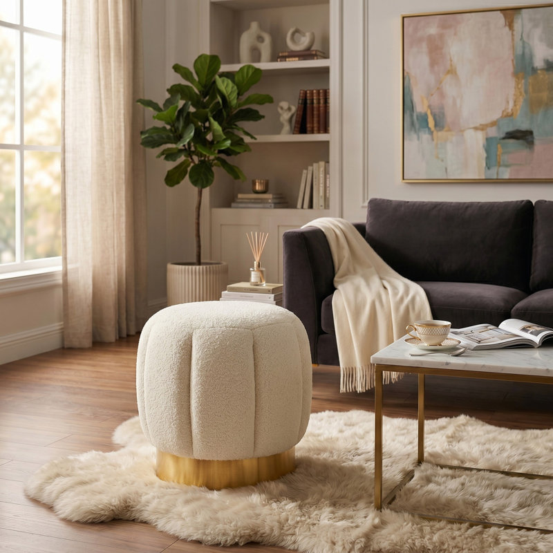 Jayah Upholstered Ottoman, Cream Faux Shearling