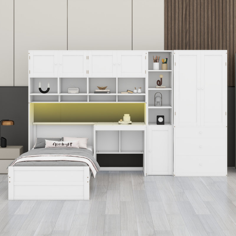 Wooden Platform Bed with Desk, Wardrobe, Storage Cabinets, Drawers & Shelves, White
