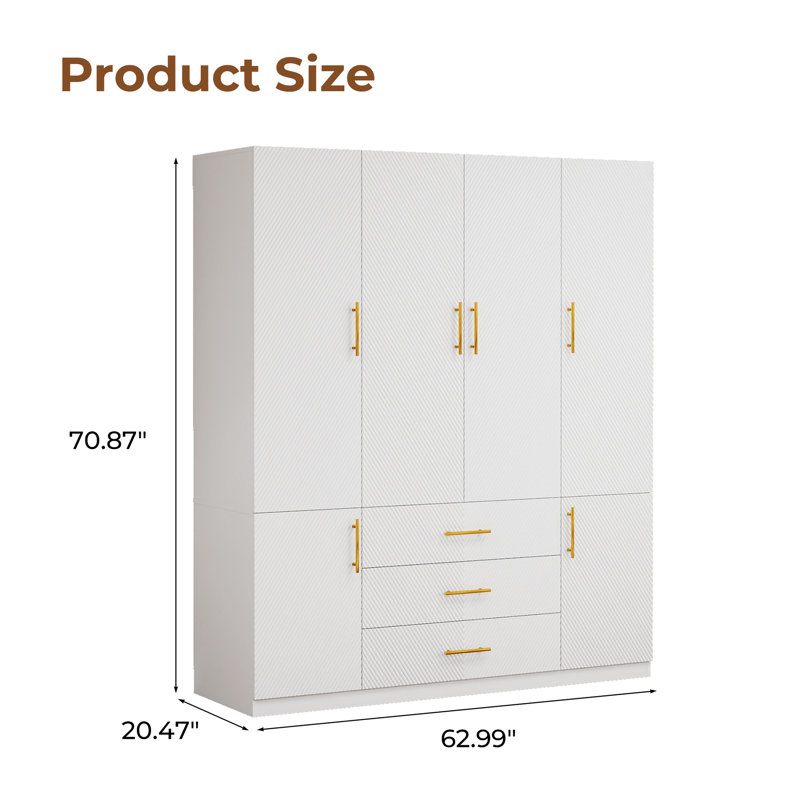 White Modern Wardrobe with 2 Hanging Areas, 3 Drawers & Multi Storage Compartments Bedroom