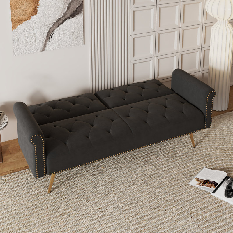 Plush Beige Velvet Convertible Sofa Bed With Decorative Nail Heads, Black