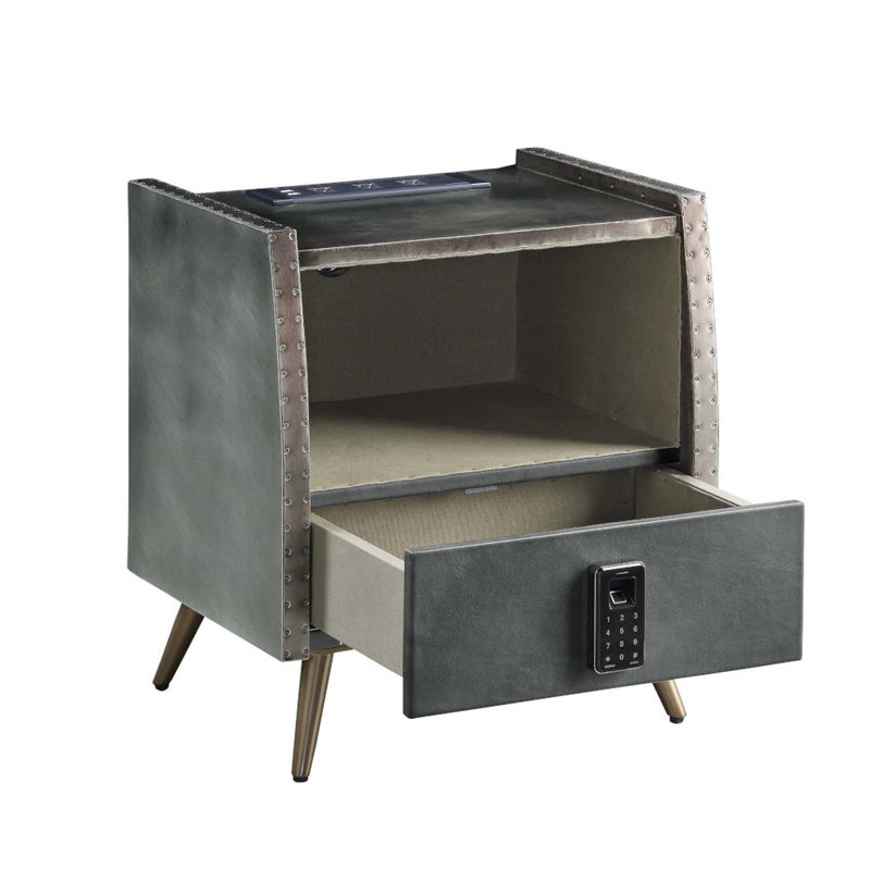 Table de chevet Doris avec verrou USB et électrique, cuir fleur gris et aluminium