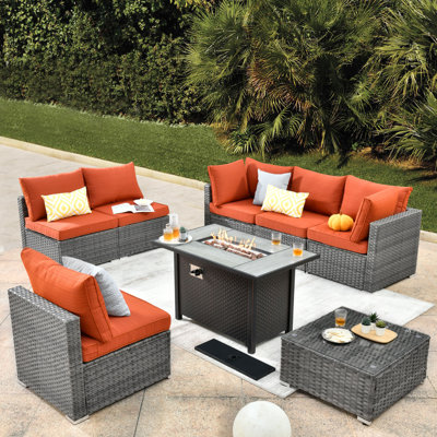 Ensemble de mobilier de patio pour 6 personnes, ensemble de conversation modulaire en rotin d'osier avec coussins, ensemble de conversation pour canapé toutes saisons avec foyer d'extérieur
