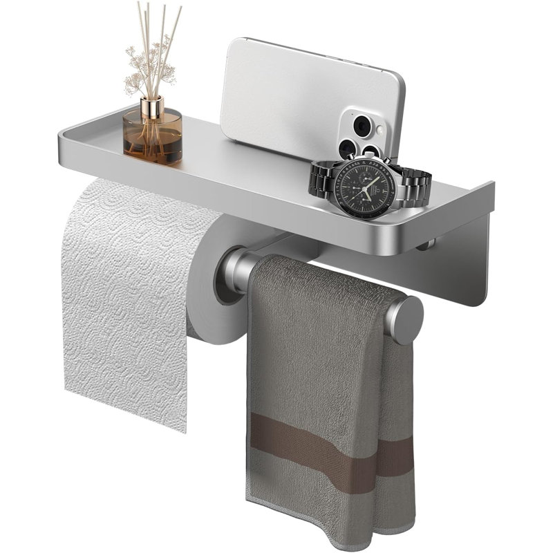 Double porte-papier hygiénique avec tablette (argent), Aluminium
