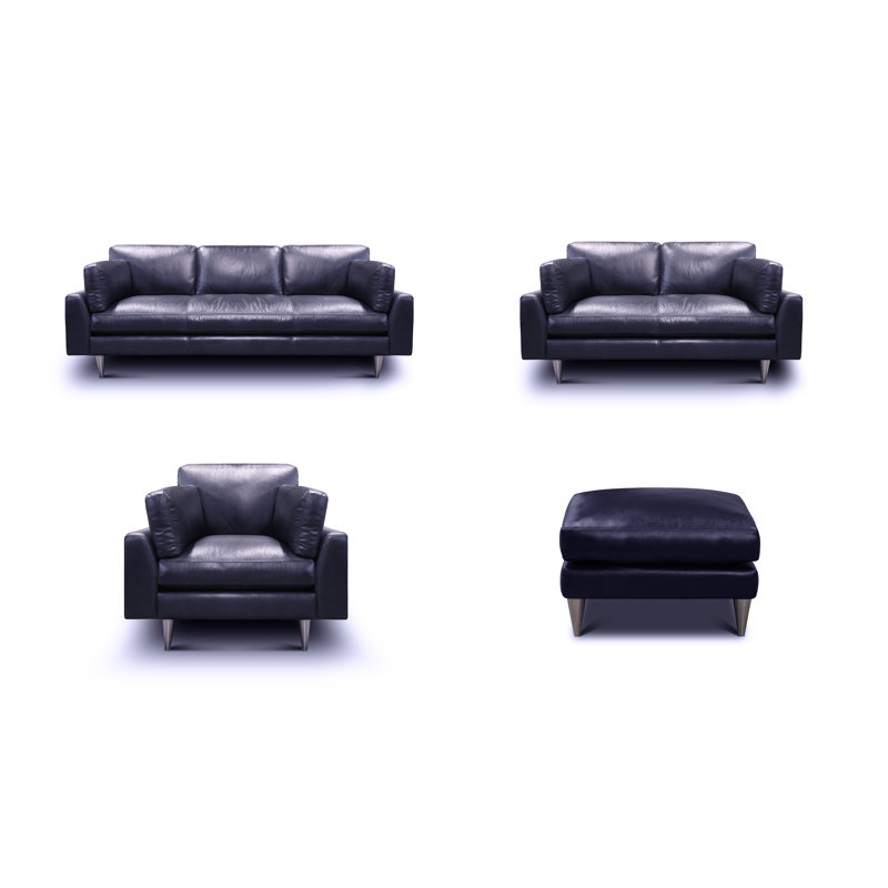 Alazne 4 - Piece Living Room Set, Blue Genuine Leather