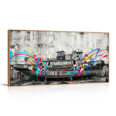 Ensemble de 1 tableau sur toile représentant un bateau graffiti