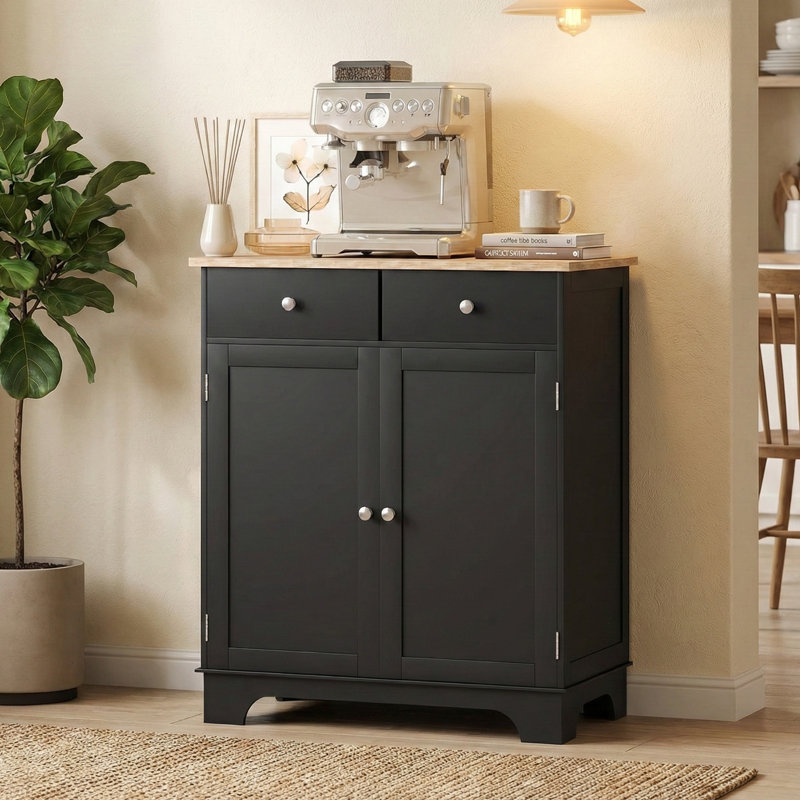 Buffet de 26,75 po de largeur avec comptoir en bois massif et tablettes réglables, Noir