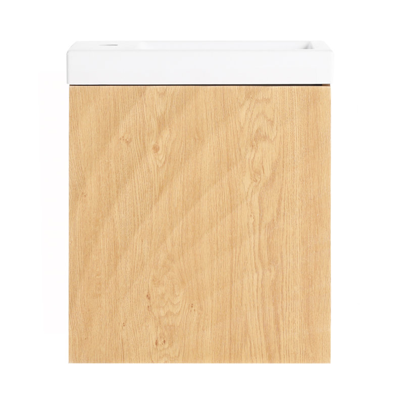Meuble-lavabo mural 18,5 po avec lavabo en résine, porte simple à fermeture douce, panneau de fibres à densité moyenne, bois naturel (KD-Packing)