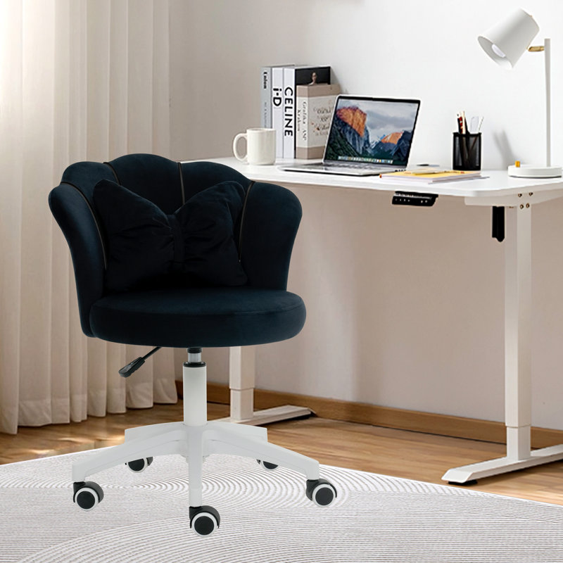 Cute Petal Desk Chair Velvet Vanity Chair With Bow Cushion, Butterfly Office Chairs For Bedroom Computer Task Chairs With Back