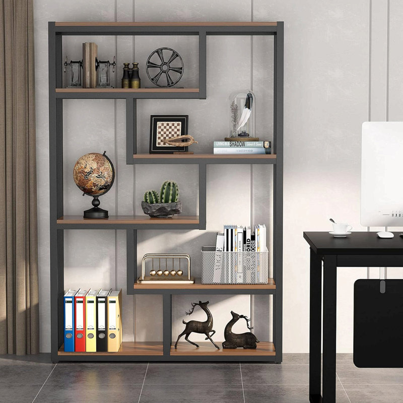 Bibliothèque étagère 69,29 "à 6 niveaux avec tablettes ouvertes à 6 niveaux pour salon, chambre à coucher, Brun / Noir