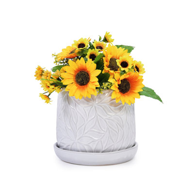 2 Gloss White Ceramic Planter Pots With Elegant Leaf Embossing For Indoor Outdoor Spaces, Promotes Root Health, Minimalist Home Decor Pot Of - Pattern Decor, Roots, Contemporary Look