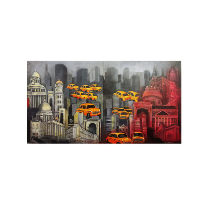 Flying Cars in City Acrylic on Canvas Painting by Payel Mitra, 30" H x 36" W Inch Contemporary Indian Futuristic Urban Art Wall Decor