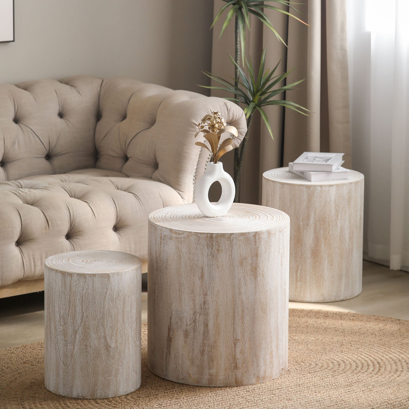 Table basse 3 pièces, table de bout en bois rustique, Blanc