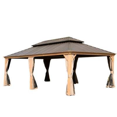 14X24ft Gazebo With Privacy Curtains And Netting For Patio Deck Garden Area Construction Galvanized Steel Top