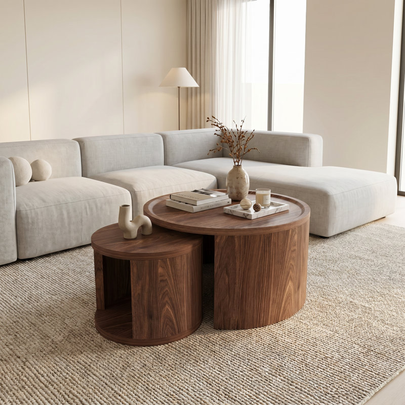 Ensemble de 2 tables basses gigognes modernes avec centre de table rond en bois 31,5 po avec bord rainuré de sécurité et conception compacte