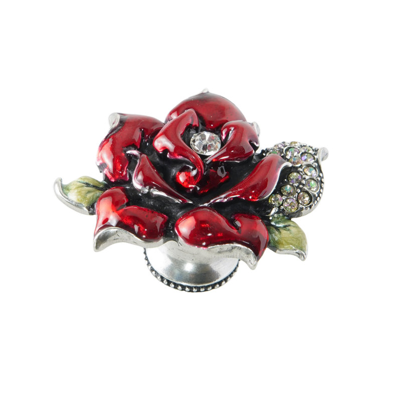 In The Garden large rose knob decorated with Swarovski clear crystals & ruby red glaze in finish Chalice, Silver