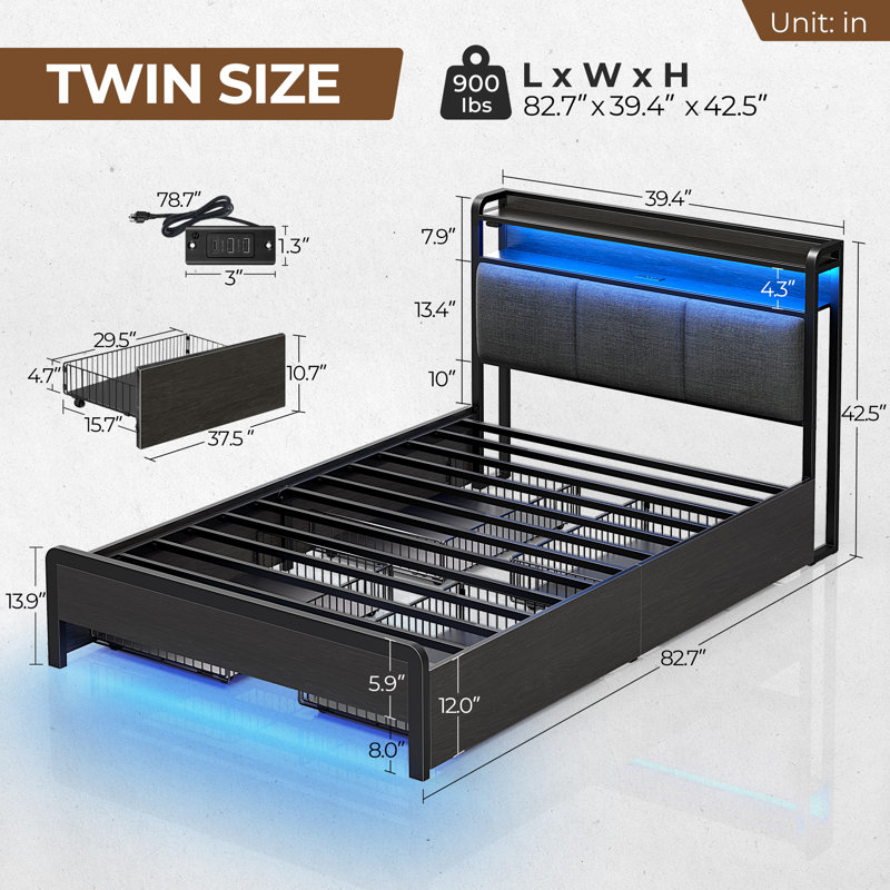 Franzi Bed with Storage Headboard, Bed Frame with 4 Storage Drawers, Charging Station and RGB  LED Lights