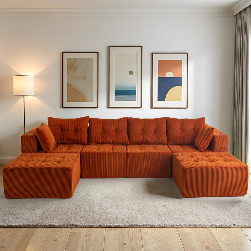 Fauteuil-lit en forme de U avec 2 tabourets Boneless, Velours côtelé orange
