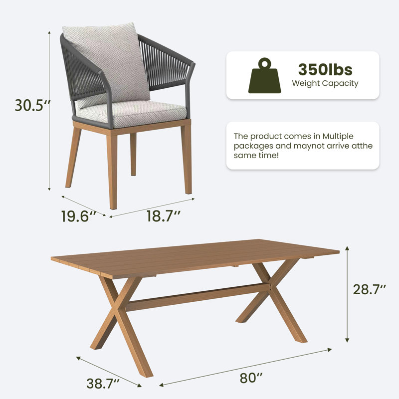 Ensemble repas extérieur pour 8 personnes avec coussins 8 personnes, Beige / bois brun / gris / brun, 8