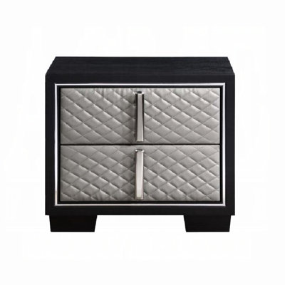 Rectangle Nightstand, 2 Drawers, Silver Fabric, Black Finish, Accents, Bedside Storage Unit 2, And Black, Diamond Drawer , Spacious Surface, Modern Be