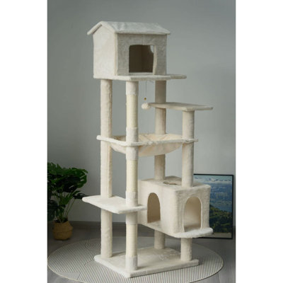 63 po, multi-niveaux, beige, arbre à chat, 5 niveaux, aventure, poteaux à griffer, cachette, suspendu, amis félins, arbre beige en pouces avec une désignation de niveau, cachette douce et confortable