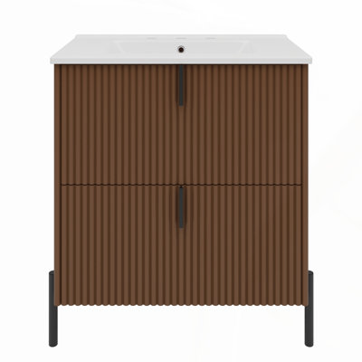 Meuble-lavabo de 30 pouces avec lavabo en céramique, tiroirs à fermeture en douceur et conception cannelée au fini brun foncé
