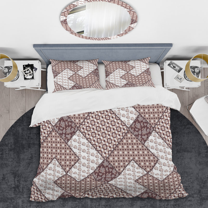 Brown Patchwork Pattern - Abstract Duvet Cover Set - Microfiber Polyester, King Duvet Cover + 2 King Shams