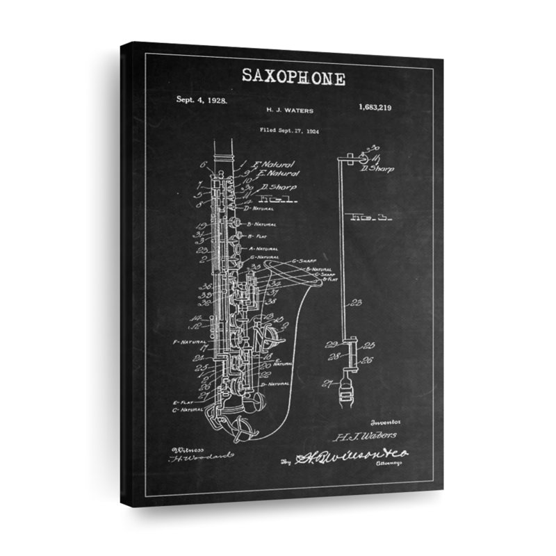 Saxophone BW verni sur toile, H 39 po x l 26 po x P 1,25 po