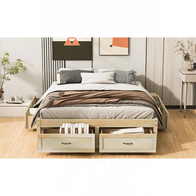 Grand lit plateforme avec 6 tiroirs de rangement, naturel antique
