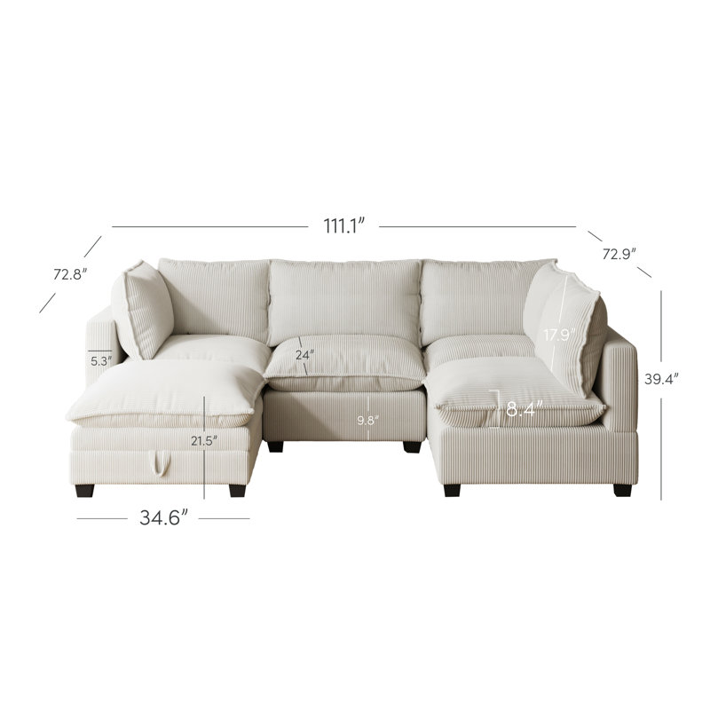 Canapé modulaire sans accoudoirs avec repose-pieds Somerdale, Velours côtelé beige