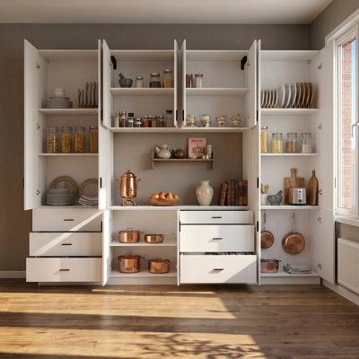 Grande armoire de rangement pour garde-manger de 126 po avec armoire de rangement multi-tiroirs pleine hauteur avec niche pour micro-ondes