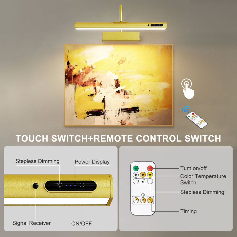Wireless Picture Light, Rechargeable Battery Wall Lamp With Remote, Gold